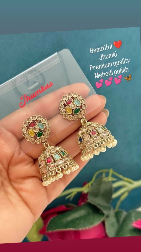 Traditional Gold-Tone Mehndi Polish Jhumka Earrings with Green and Red Bead Accents