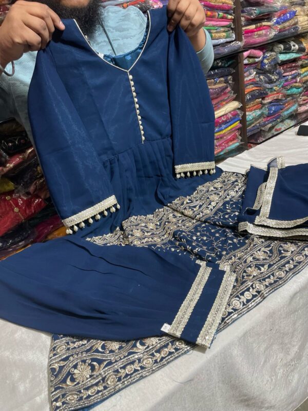 Baby Girls Blue Festive Kurti, Patiala and Dupatta Set with Pearl Detailing