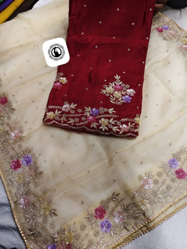 Luxury Embroidery Set – Chiffon Shirt & Tabby Silk Bottom with Organza Dupatta